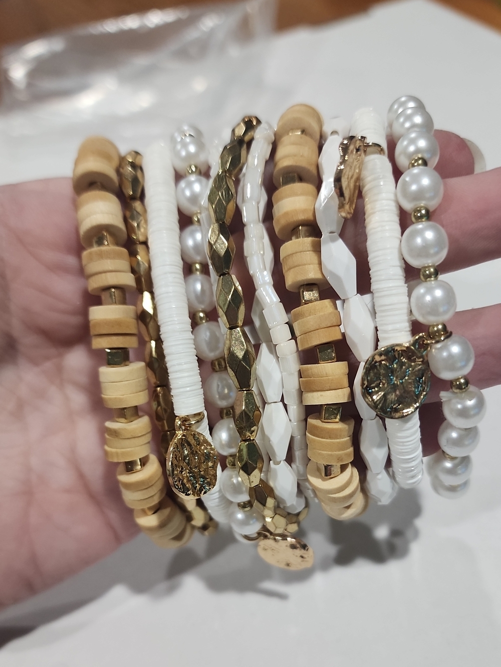 Maurices White, Tan & Gold Beaded Bracelet Stack